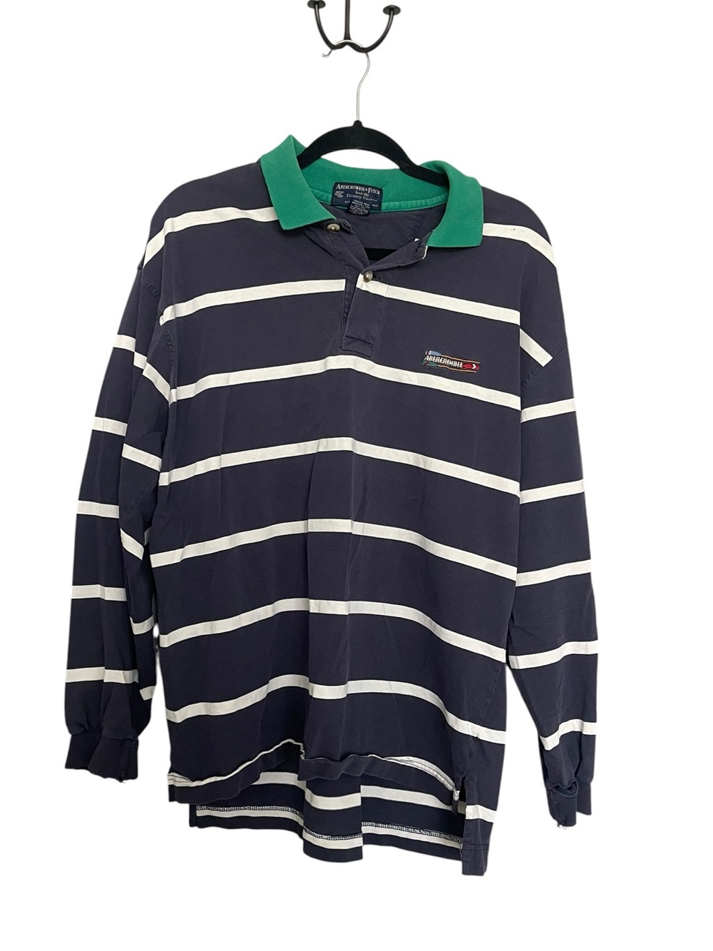 Abercrombie & Fitch Navy and White Striped Rugby Polo with Green Collar